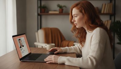 Rothaarige Frau prüft nachdenklich ein Dating-Profil auf ihrem Laptop